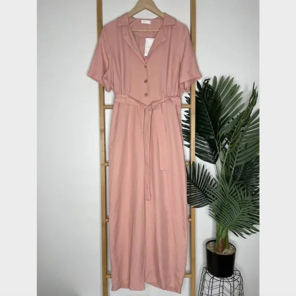 SOLD Kookai Dusty Pink Solace Jumpsuit Size 40 Tencel Linen Blend Collared - Picture 2 of 16